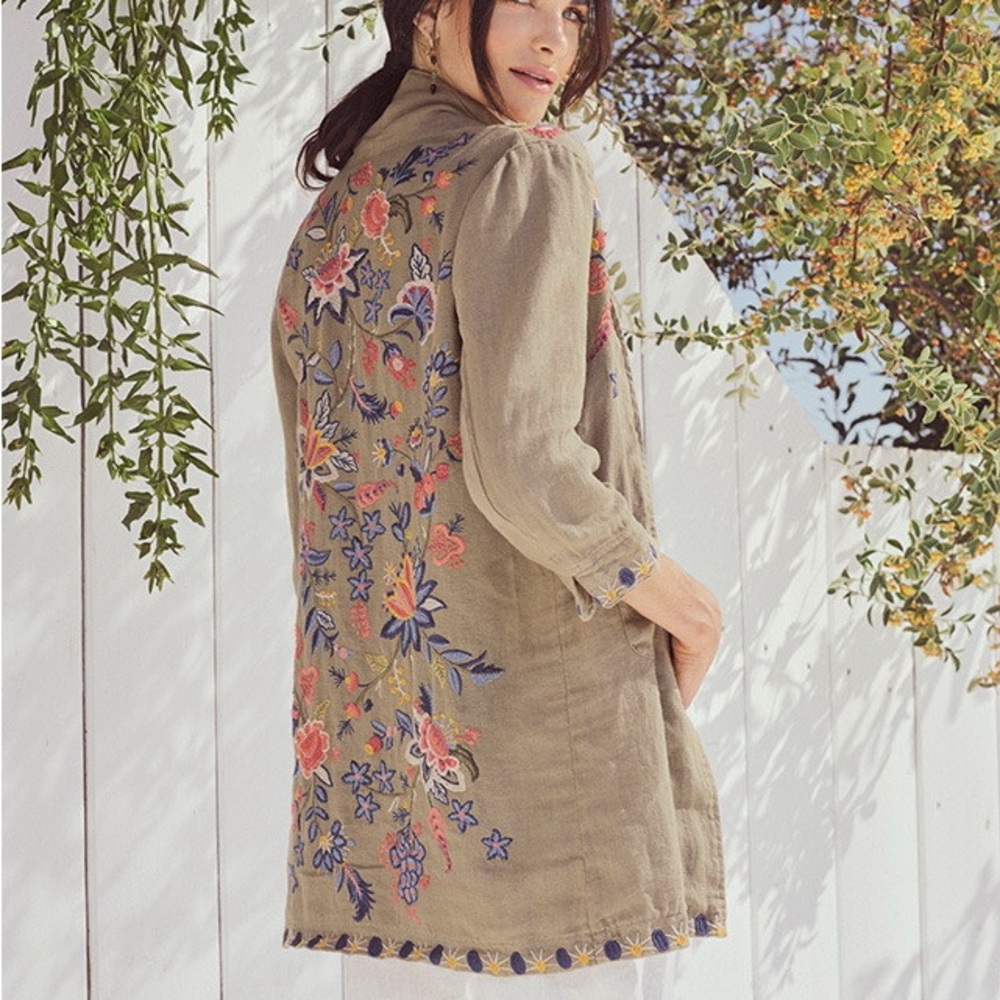 Johnny Was Tiwa Embroidered Heavy Linen Coat Green